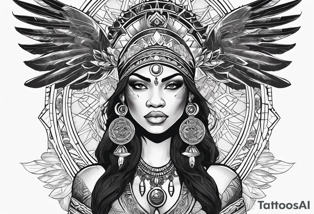 valkrye, kali, pirate, african goddess, , warrior, native american, lotus, zen, pachamama, left side face, chest, wing, tattoo idea