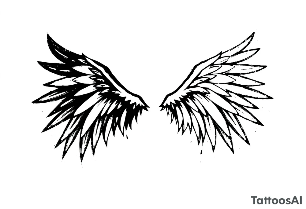 the wings go up

This tattoo design features a pair symmetrical angel wings drawn in black ink with a rough, sketch-like style. The left wing is darker, more defined, and appears denser, while the right wing is lighter, more delicate, and fragmented, creating a contrast between the two. The feathers are sharp and irregular, with fine lines and stray strokes extending outward, adding a raw and artistic feel. The overall look is dynamic and slightly chaotic, giving the impression of movement or an unfinished, ethereal form. This design symbolizes duality, freedom, transformation, or even struggle, making it a meaningful and visually striking tattoo. tattoo idea