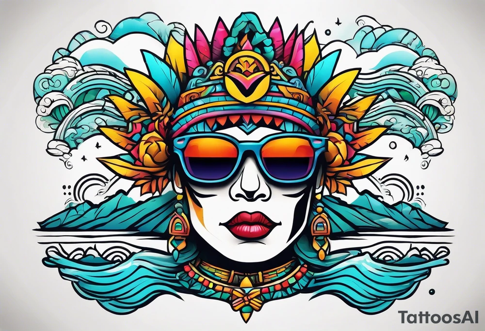 Colorful Mayan hieroglyph wearing sunglasses with ocean waves and bats tattoo idea