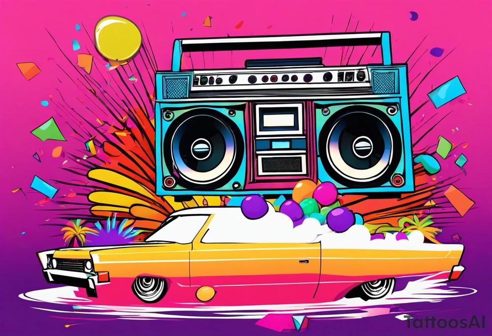 1980's style dance party with boom box and confetti in a beach theme. do not include cars tattoo idea