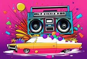 1980's style dance party with boom box and confetti in a beach theme. do not include cars tattoo idea
