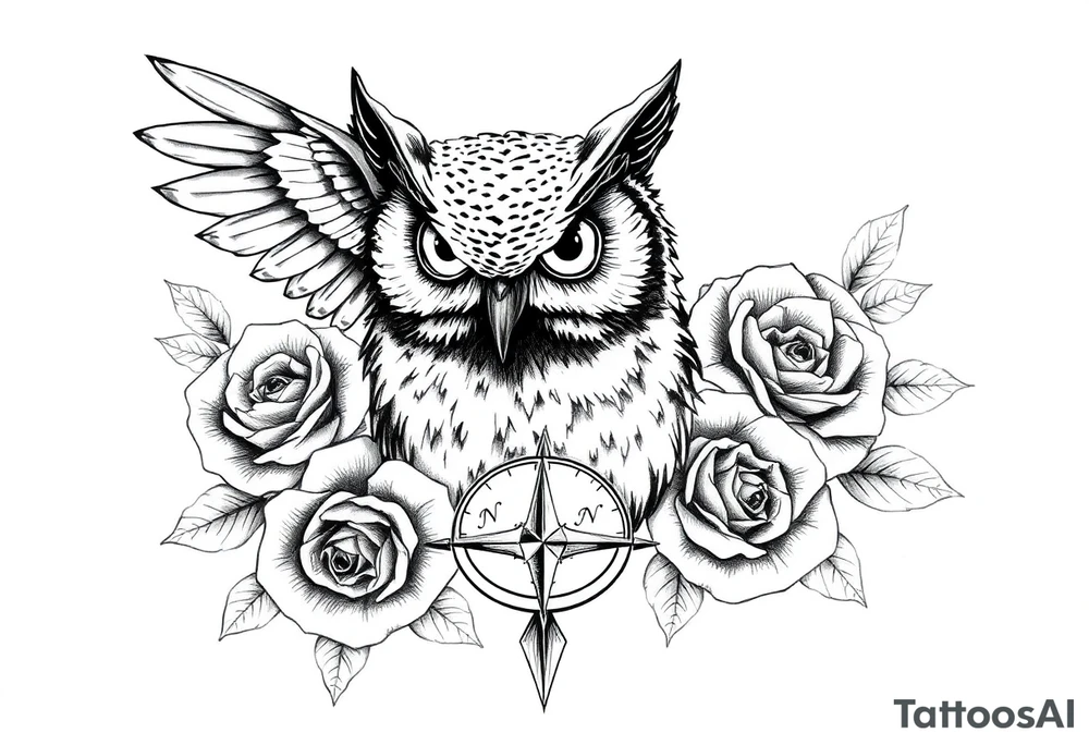 an owl,compass,roses, tattoo idea