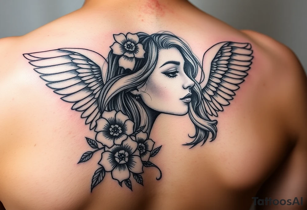 girl face with angel wings and flowers tattoo idea