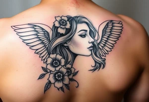 girl face with angel wings and flowers tattoo idea