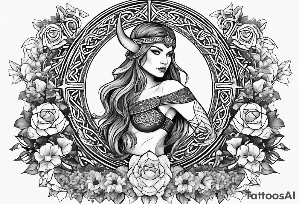 Viking goddess, axes, moonlight, flowers, Celtic, bedroom eyes, circular border, thors hammer tattoo idea