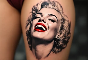 Monroe laughing, in black and grey, with her lips colored in deep crimson. tattoo idea