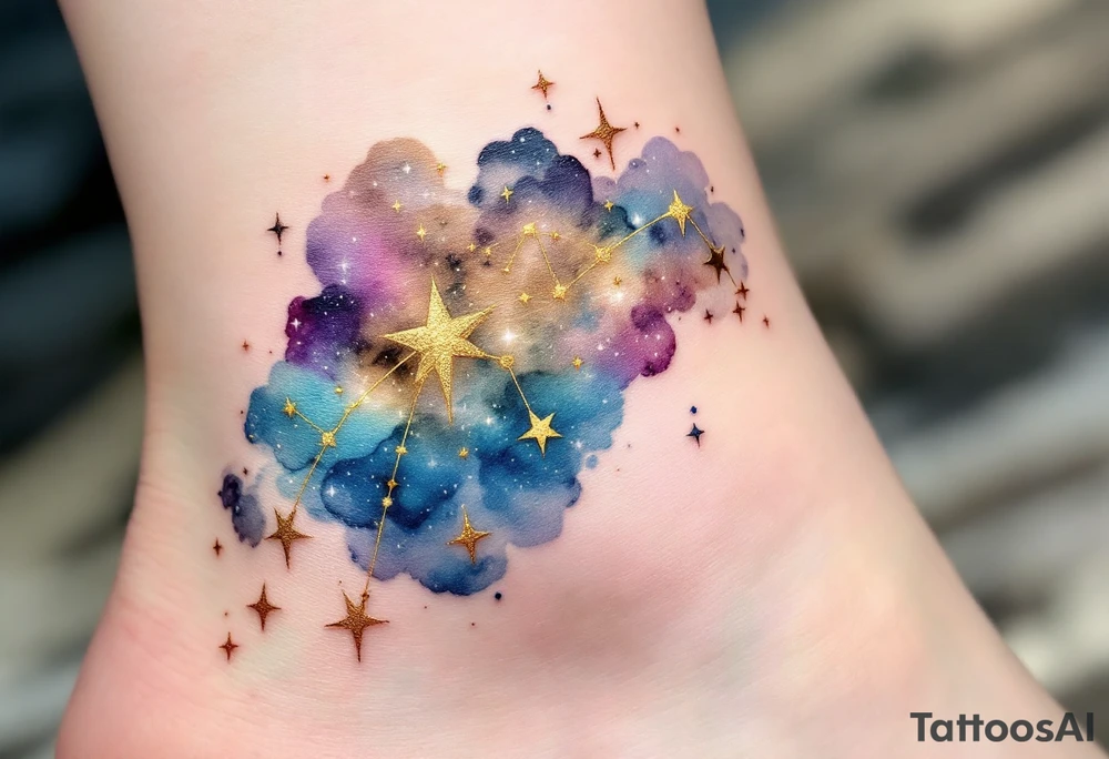 Capricorn stars constellation inked in metallic gold, forming a delicate arc across a watercolor galaxy. tattoo idea