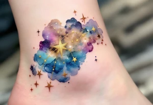Capricorn stars constellation inked in metallic gold, forming a delicate arc across a watercolor galaxy. tattoo idea