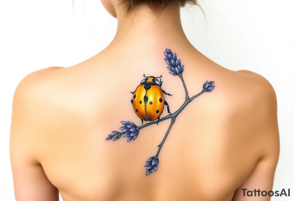 Golden or yellow ladybug on a lavender branch tattoo idea