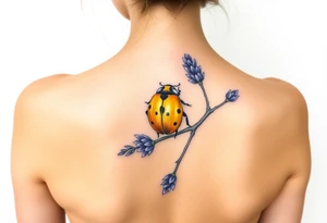Golden or yellow ladybug on a lavender branch tattoo idea