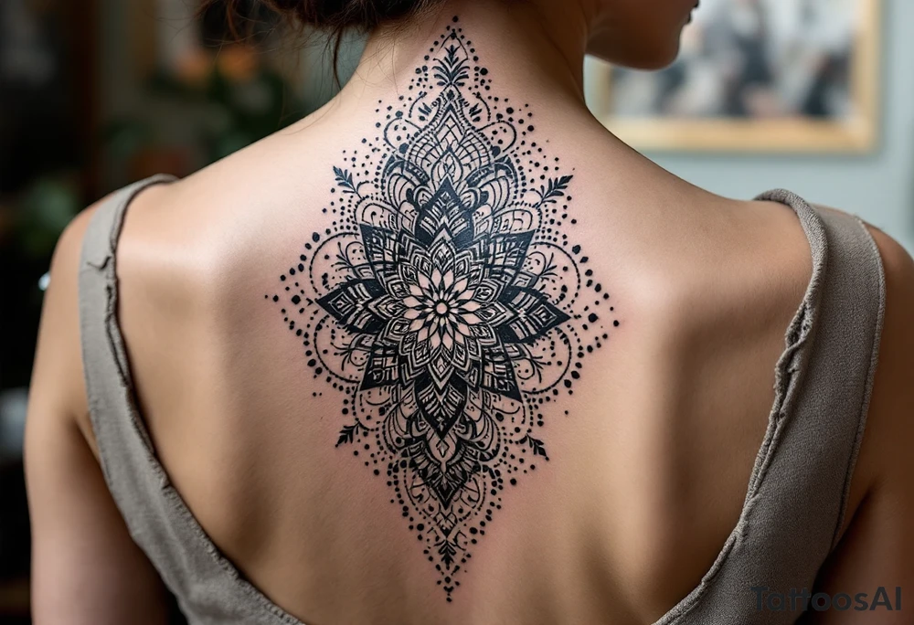 spine tattoo design with symmetrical ornamental patterns, combining dotwork, mandala elements, and flowing lines that follow the natural curves of the body. The design is intricate and balanced.” tattoo idea