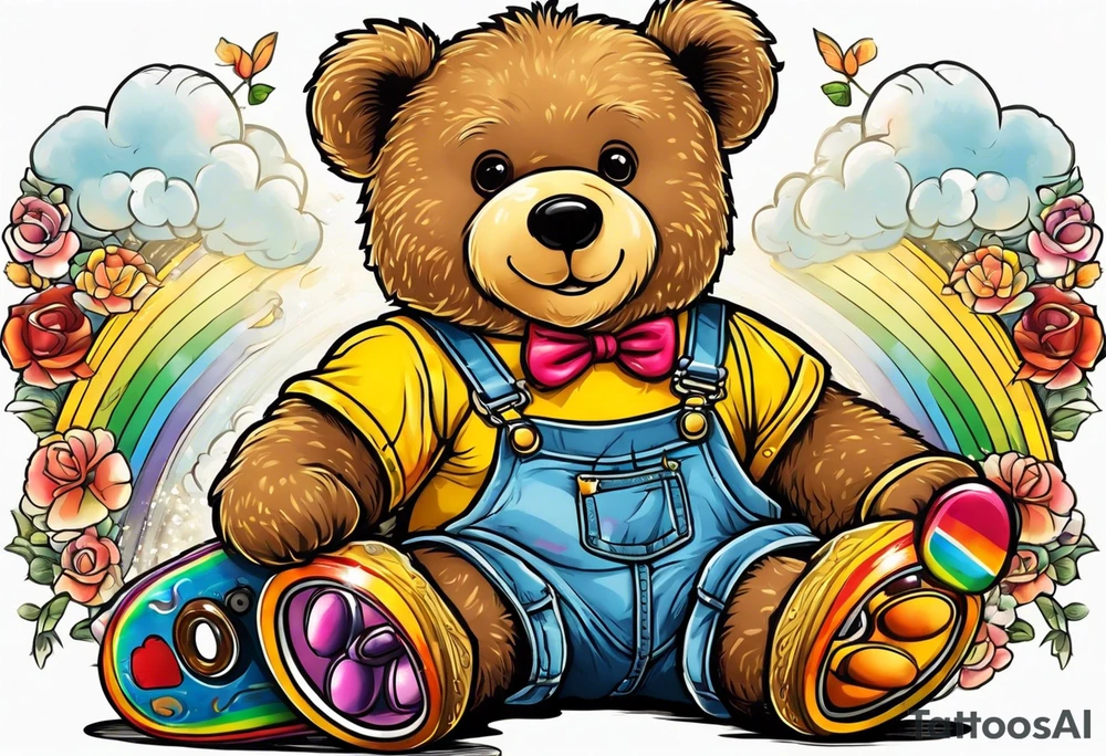 A light brown teddy bear in yellow overalls, wearing rainbow colored roller skates tattoo idea