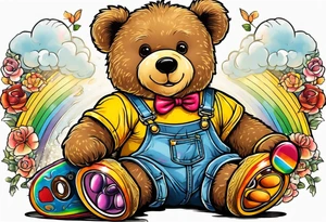 A light brown teddy bear in yellow overalls, wearing rainbow colored roller skates tattoo idea