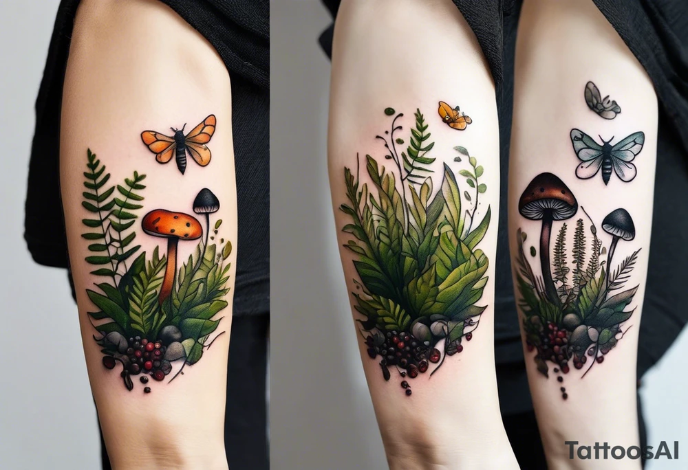 minimalistic forest floor inspired tattoo, which includes grass, moss, curly ferns and dead leaves as the bulk of the tattoo. details to include: forest berries, couple of very small brown mushrooms, a tiny bumblebee flying nearby tattoo idea