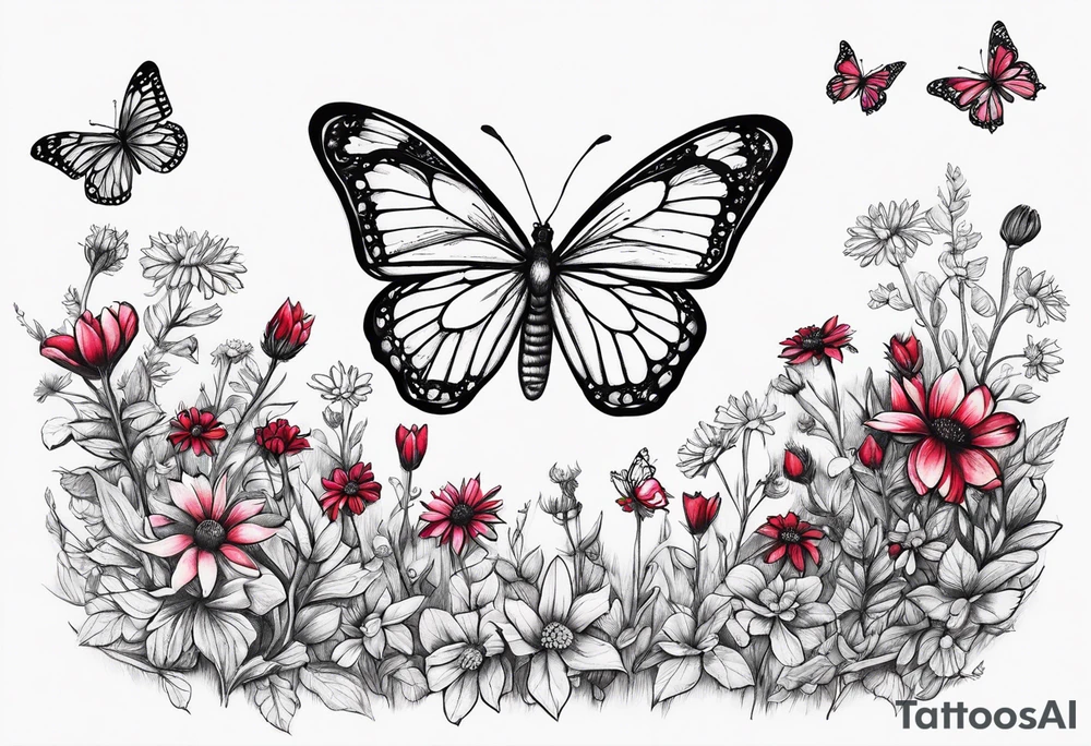 Wildflower field with "Ruby" in calligraphy font and butterflies around it tattoo idea
