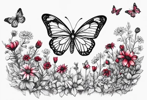 Wildflower field with "Ruby" in calligraphy font and butterflies around it tattoo idea