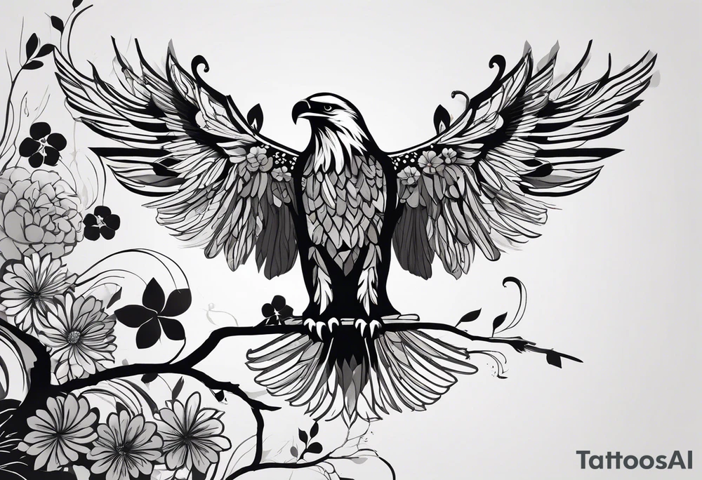 Black and white silhouette illustration of a delicate eagle perched on a branch, with intricate details of the feathers and petal-like shapes in the eagle's wings. The branch is adorned with simple outlines of flowers and leaves. The background is abstract, represented through bold, splattered lines to evoke the essence of color splashes without actual shading. The composition emphasizes the elegance and delicate nature of the eagle, focusing on its form against the minimalist abstract backdrop. tattoo idea