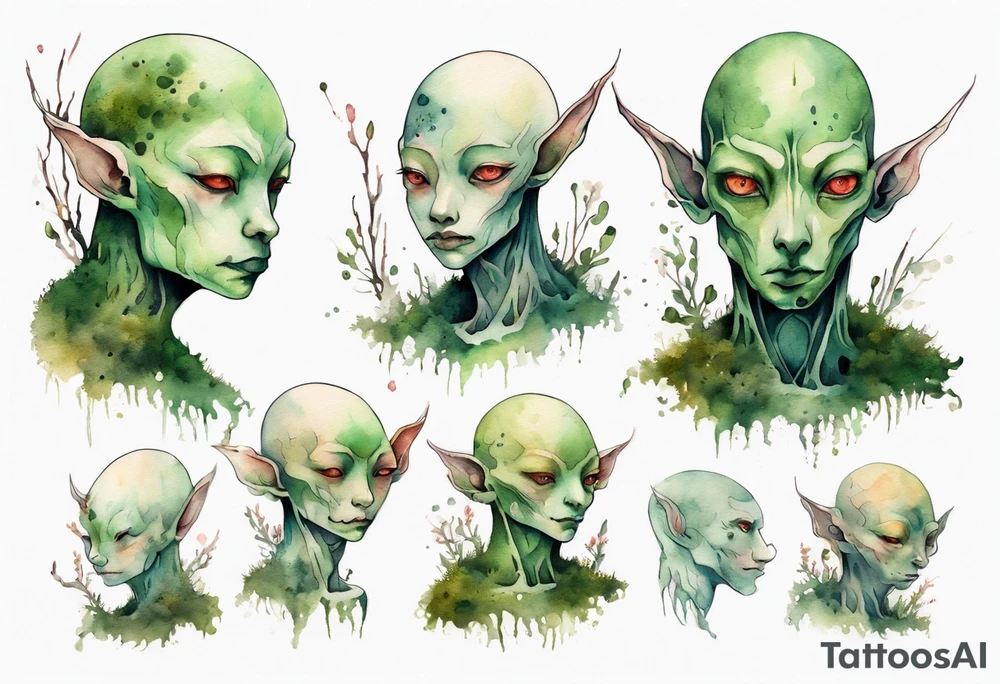 a thin bald humanoid creature covered in moss with white eyes tattoo idea