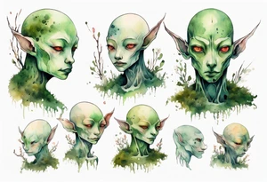 a thin bald humanoid creature covered in moss with white eyes tattoo idea