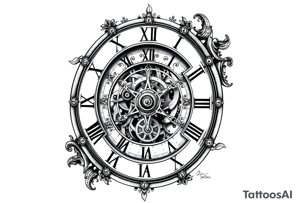 vintage roman numerals within ornate clockwork mechanism tattoo idea