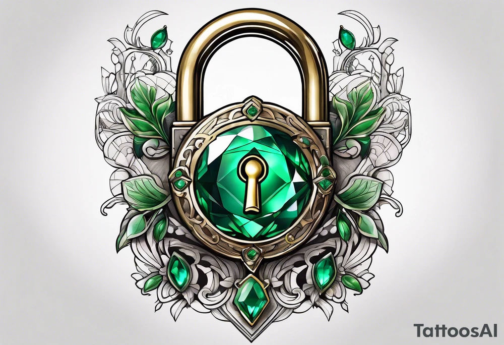 Lock and key with emerald stone tattoo idea