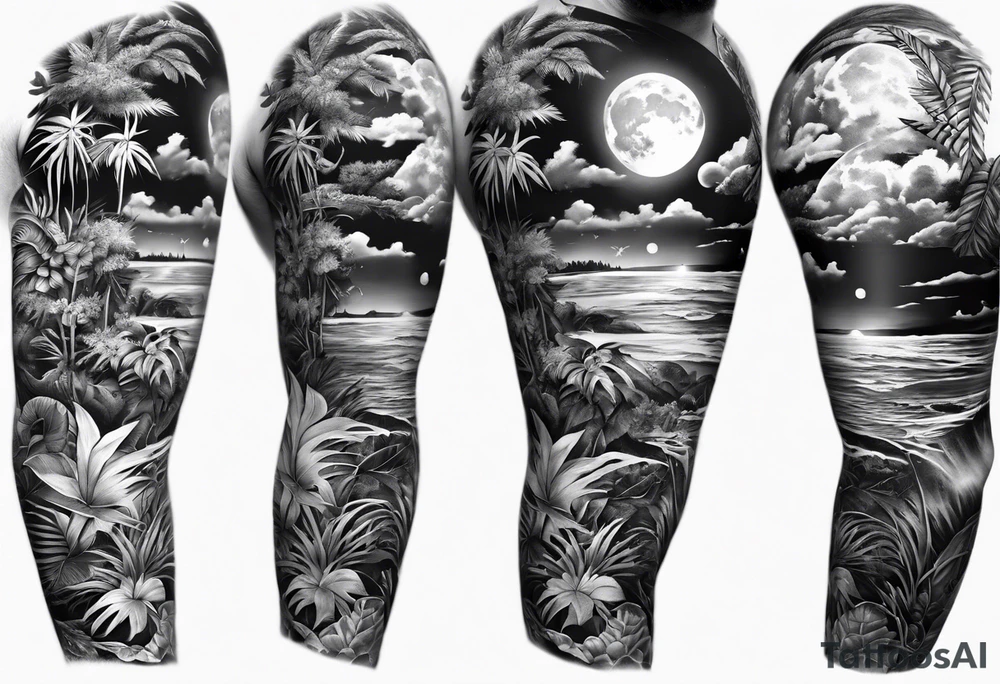 full sleeve tattoo with jungle plants, ocean, moon, stars, tattoo idea