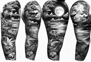 full sleeve tattoo with jungle plants, ocean, moon, stars, tattoo idea