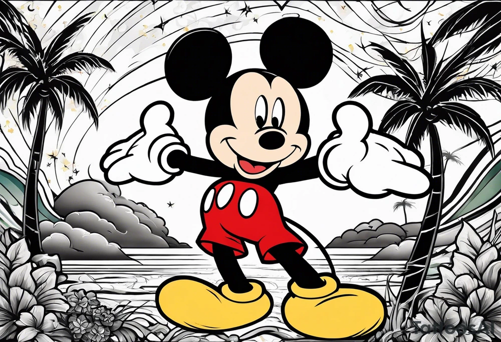 mickey mouse in a lightning storm with palm trees and the celtic symbol for family tattoo idea