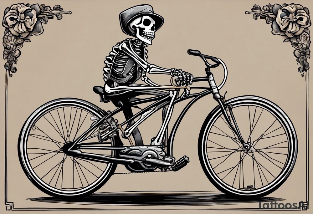 Lifelike skeleton wearing licra and cap rides a road bicycle. The skeleton is grinning at the viewer and holding a cookie in its left hand tattoo idea