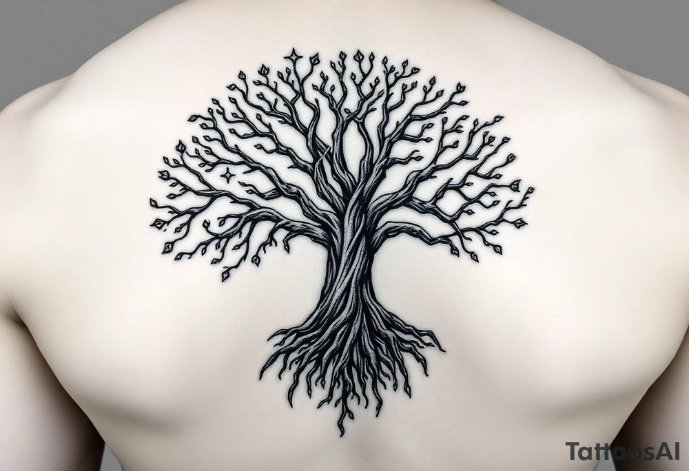 mystical tree of life with cosmic roots and celestial branches tattoo idea