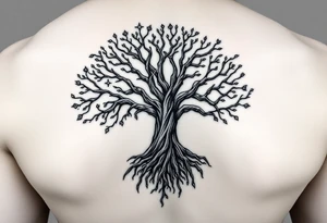mystical tree of life with cosmic roots and celestial branches tattoo idea