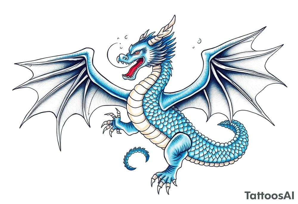 Blue fire breathing dragon with wings spread tattoo idea