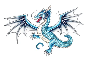 Blue fire breathing dragon with wings spread tattoo idea
