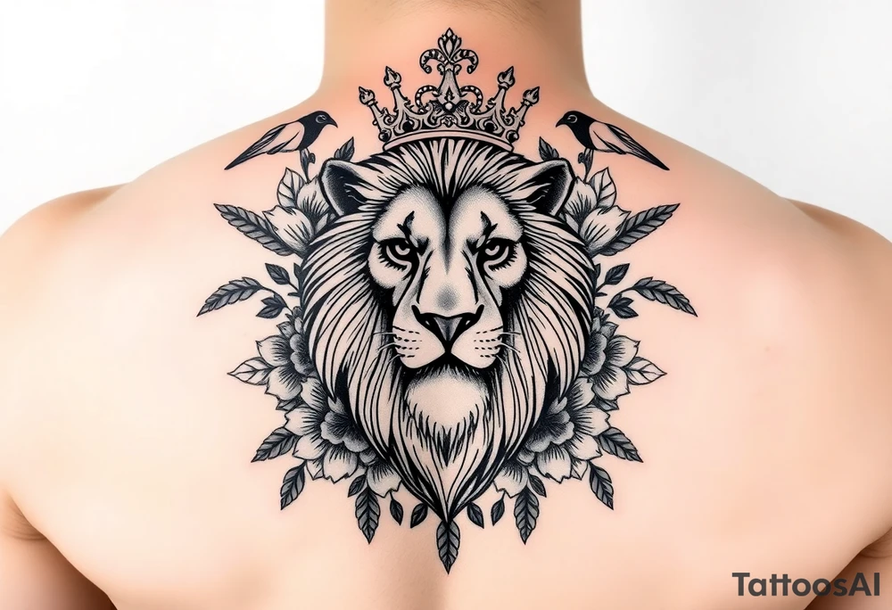 powerful majestic lion with a crown, surrounded by floral ornaments and birds tattoo idea