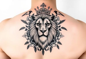 powerful majestic lion with a crown, surrounded by floral ornaments and birds tattoo idea