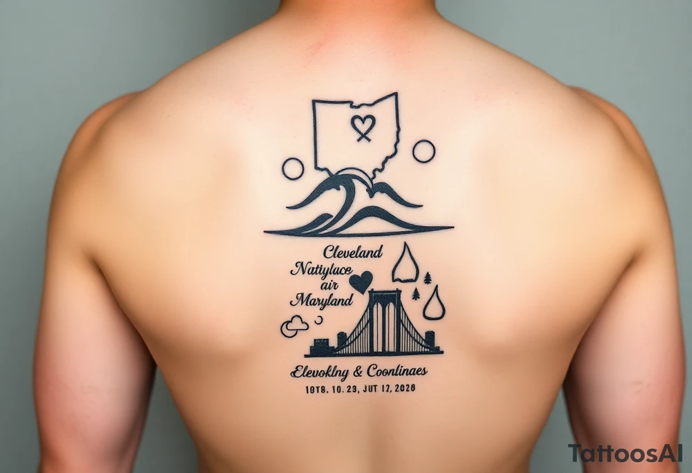 Elemental Coordinates Tattoo
Vertical layout with icons stacked top to bottom:

Cleveland – Outline of Ohio with a tiny heart/star

Wrapped or backed by the Earth symbol (solid base, mountain-like structure)

Saint Lucia – Wave and mountain line art

Surrounded by flowing Air symbol swirls

Maryland – Barn/tree with subtle wedding ring shape in foliage

Embraced by the Water symbol (fluid lines, holding it together)

Brooklyn – Stylized Brooklyn Bridge or brownstone silhouette

Rising from or behind the Fire symbol (bold flickers around edges)

Optional: Light text like dates, city names, or coordinates under each. tattoo idea
