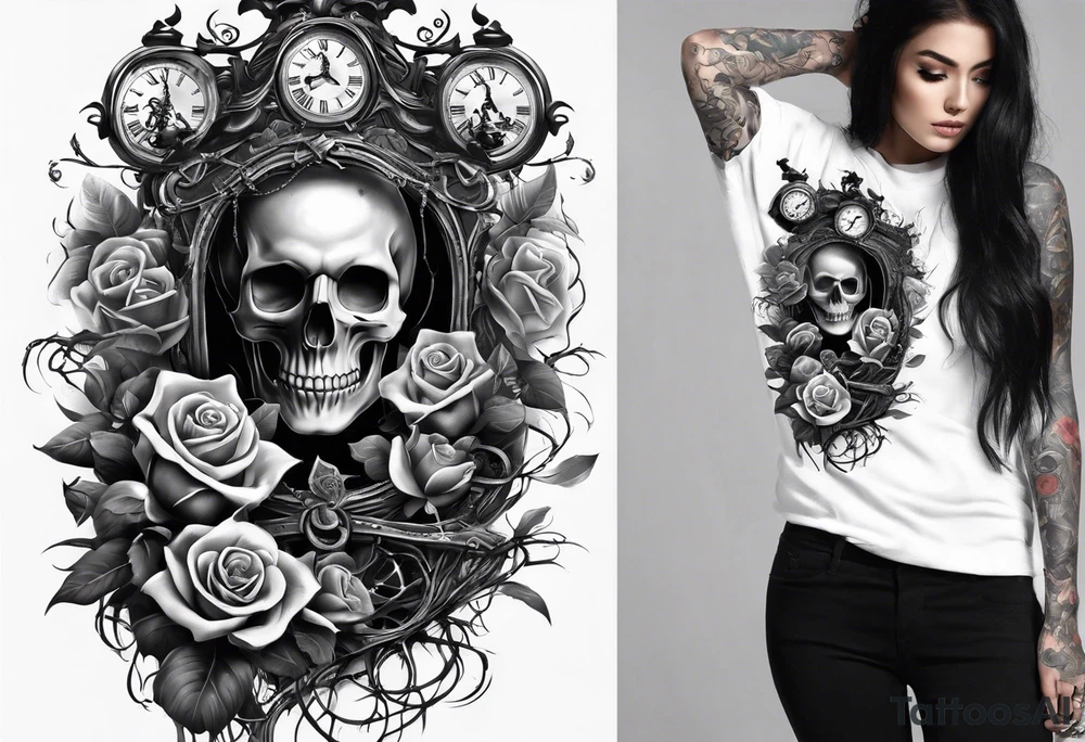 tattoo fool sleeve, tree roots break out of the chains, broken mask, clock with flying numbers, girl and skull, roses tattoo idea