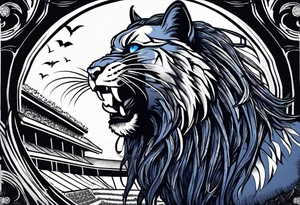 blue wildcat with long dreads under stadium football lights with a snarl on his face standing on a hill looking down at all his defeated opponents tattoo idea