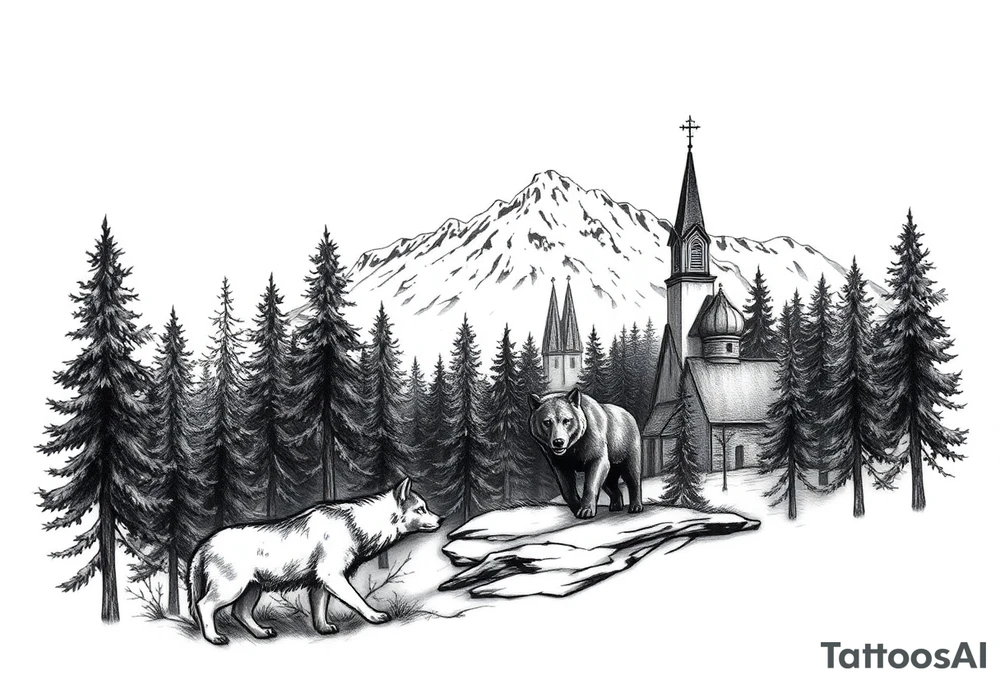 Nature/Landscape

Wolves in a pine forest (extending the tree line you already have)
A Russian bear emerging from the treeline
Snow-capped mountains behind the church scene tattoo idea