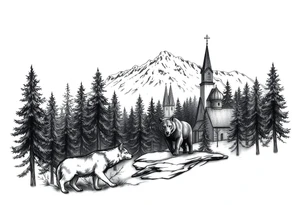 Nature/Landscape

Wolves in a pine forest (extending the tree line you already have)
A Russian bear emerging from the treeline
Snow-capped mountains behind the church scene tattoo idea