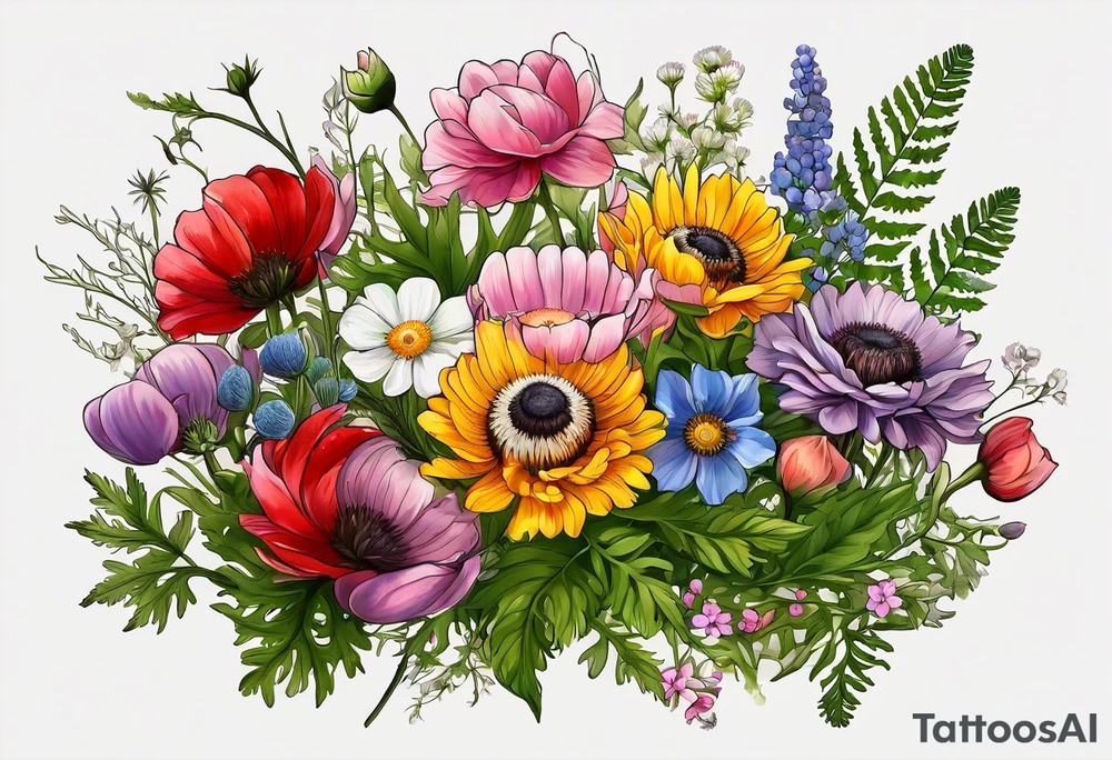 simple wildflowers with thistles, ferns, ranuculus, white anemones, sun flowers, red flowers, pink flowers, purple flowers, buttercups, babys breath, daisies, and greenery all in color tattoo idea