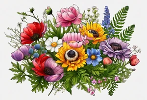 simple wildflowers with thistles, ferns, ranuculus, white anemones, sun flowers, red flowers, pink flowers, purple flowers, buttercups, babys breath, daisies, and greenery all in color tattoo idea