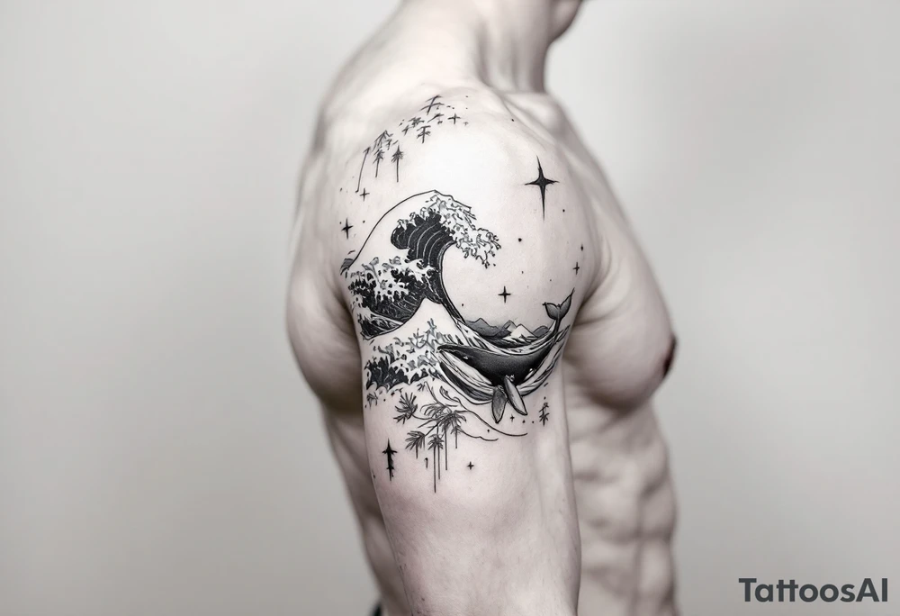 Fine line powerful ocean half sleeve with a wave, a whale and other elements with some shading tattoo idea Fine line powerful ocean half sleeve with a wave, a whale and other elements with some shading tattoo idea