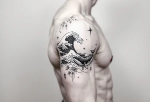 Fine line powerful ocean half sleeve with a wave, a whale and other elements with some shading tattoo idea