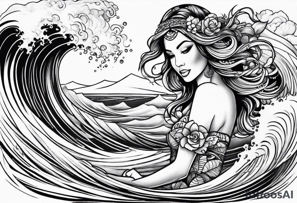 Hula girl inside of a wave tattoo idea