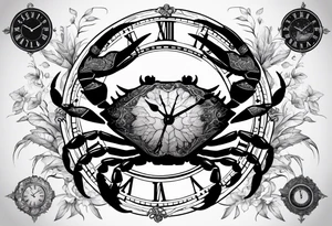 Zodiac crab with clock inside tree of life tattoo idea