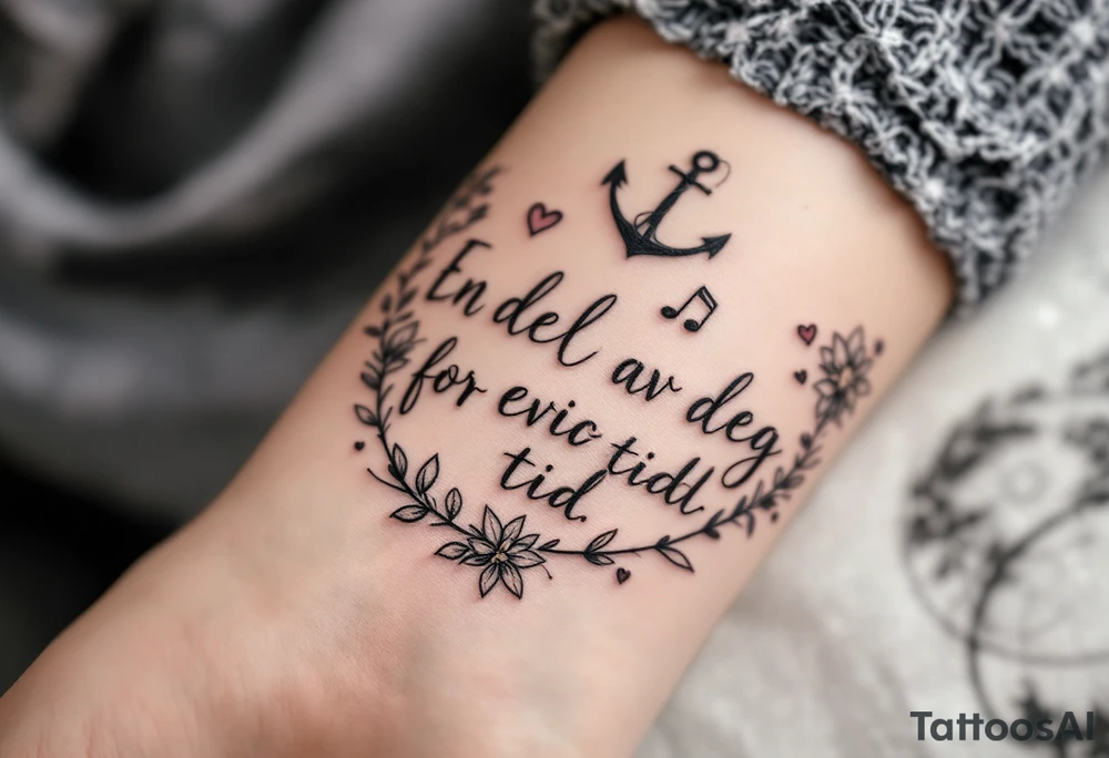 Make a quotes that says: En del av deg for evig tid. Pappa 20.12.24. Surround the quote with realistic gladiolius, notes, hearts and an anchor tattoo idea