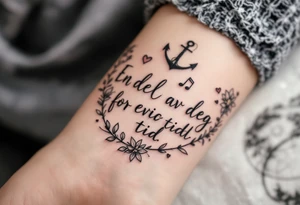 Make a quotes that says: En del av deg for evig tid. Pappa 20.12.24. Surround the quote with realistic gladiolius, notes, hearts and an anchor tattoo idea