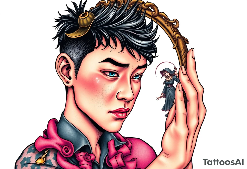 Handsome Asian young guy is looking in cursed mirror and see a witch tattoo idea