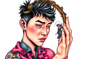 Handsome Asian young guy is looking in cursed mirror and see a witch tattoo idea